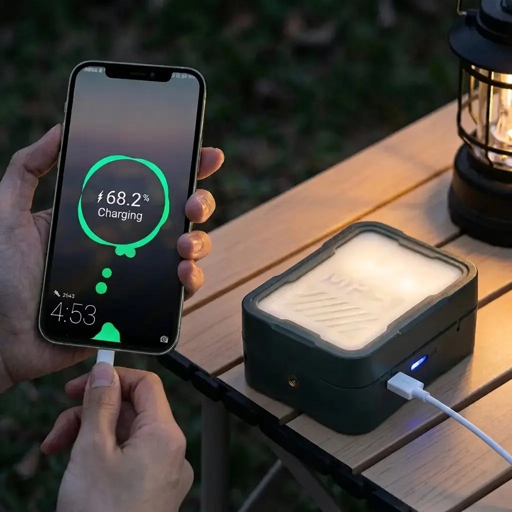 Boîtier de recharge LAMPORA utilisé en batterie externe pour recharger un téléphone en camping