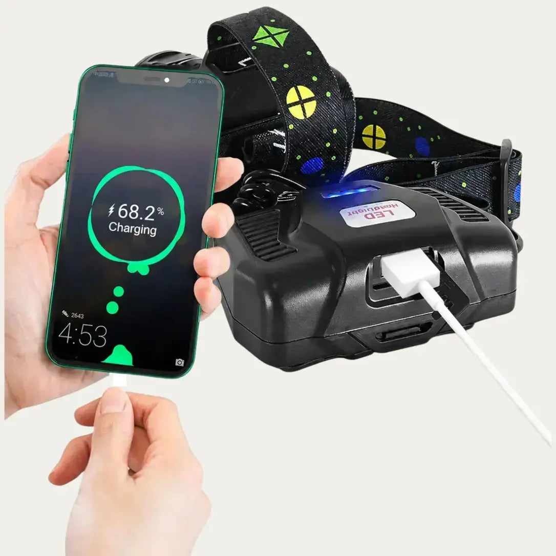 Lampe frontale LAMPORA servant de batterie de secours pour recharger un smartphone