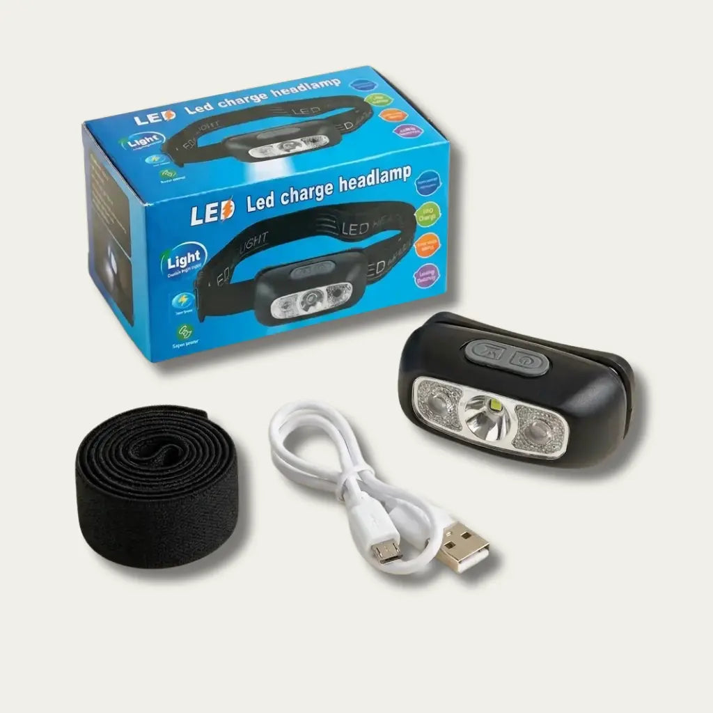 Contenu du colis de la lampe frontale rechargeable à capteur : Lampe, bandeau et câble USB-C