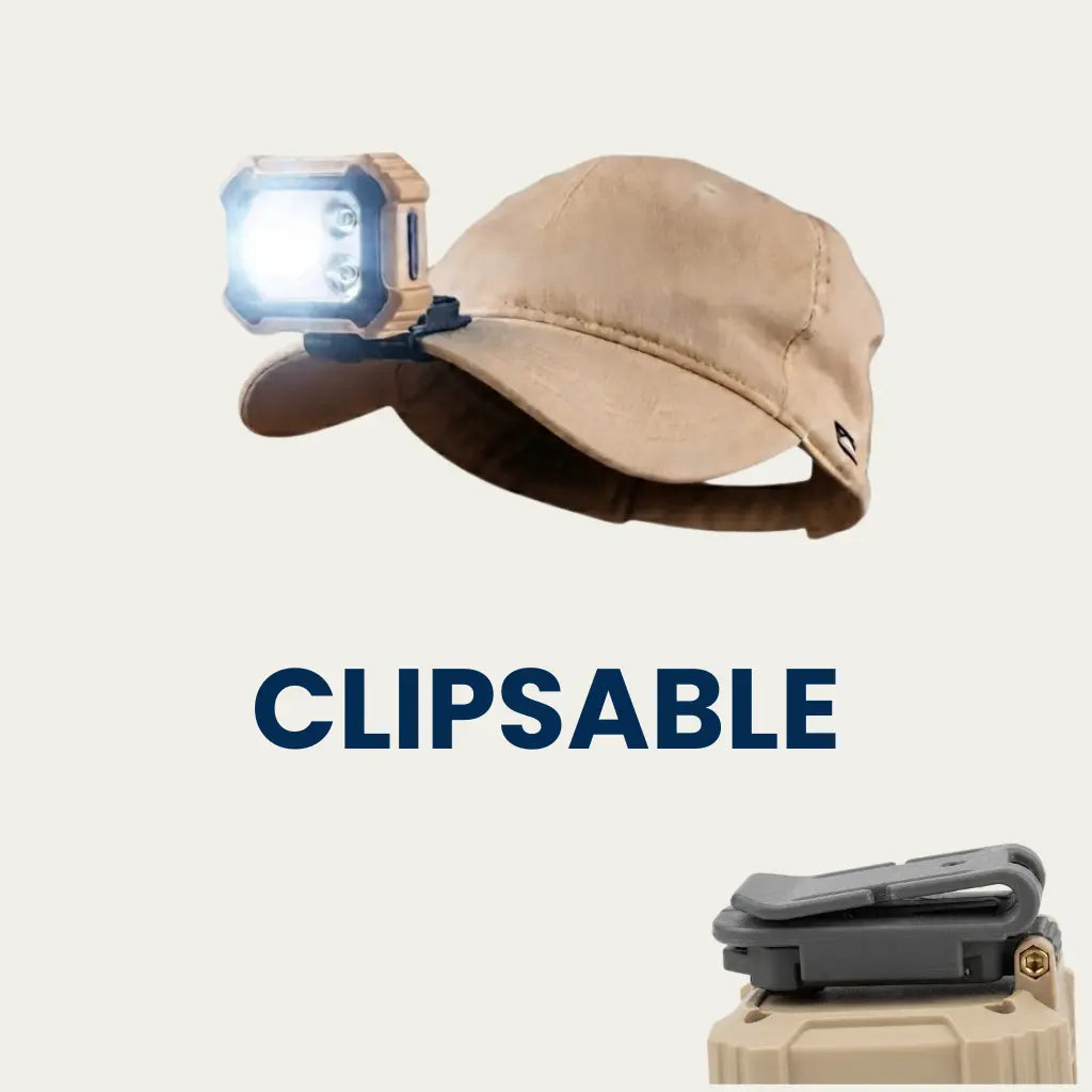 Lampe frontale fixée par clip sur la visière d'une casquette, avec zoom sur le clip