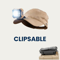 Lampe frontale fixée par clip sur la visière d'une casquette, avec zoom sur le clip