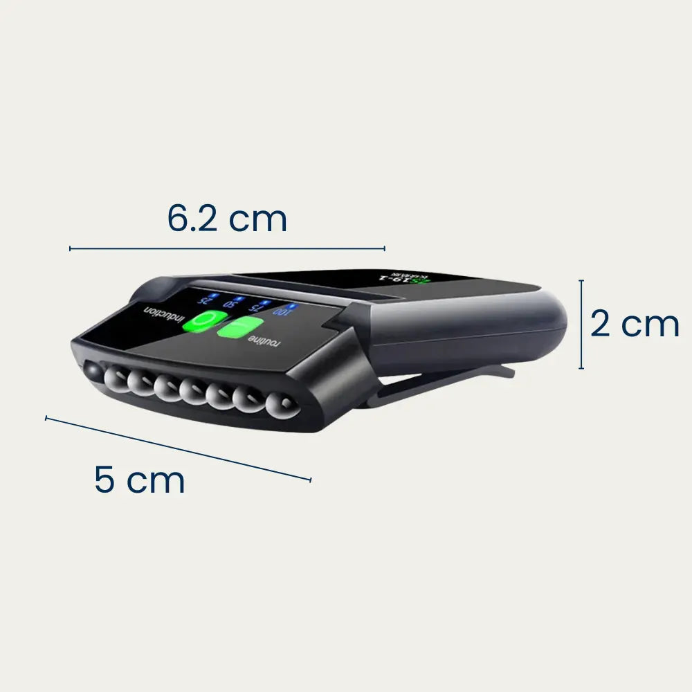 Dimensions de la lampe frontale à clipser LAMPORA : 6,2 cm de long, 5 cm de large, 2 cm d'épaisseur