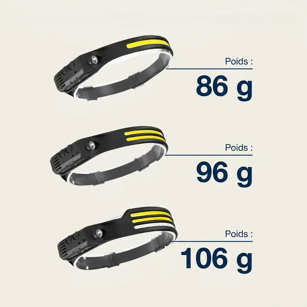Comparatif du poids des trois modèles de lampe frontale : 86 g, 96 g et 106 g