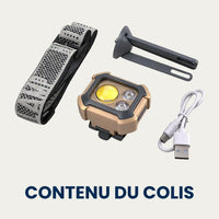 Contenu du colis : lampe frontale, bandeau, support trépied et câble USB-C