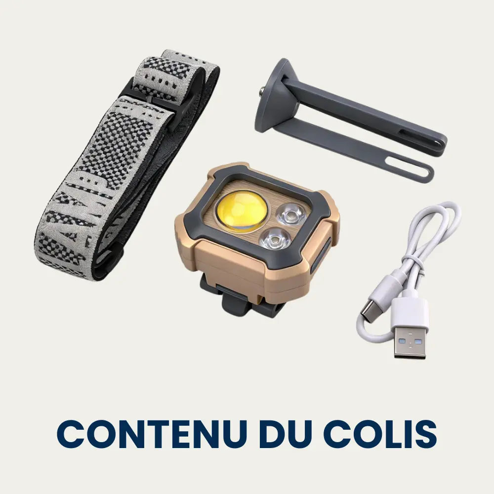Contenu du colis : lampe frontale, bandeau, support trépied et câble USB-C