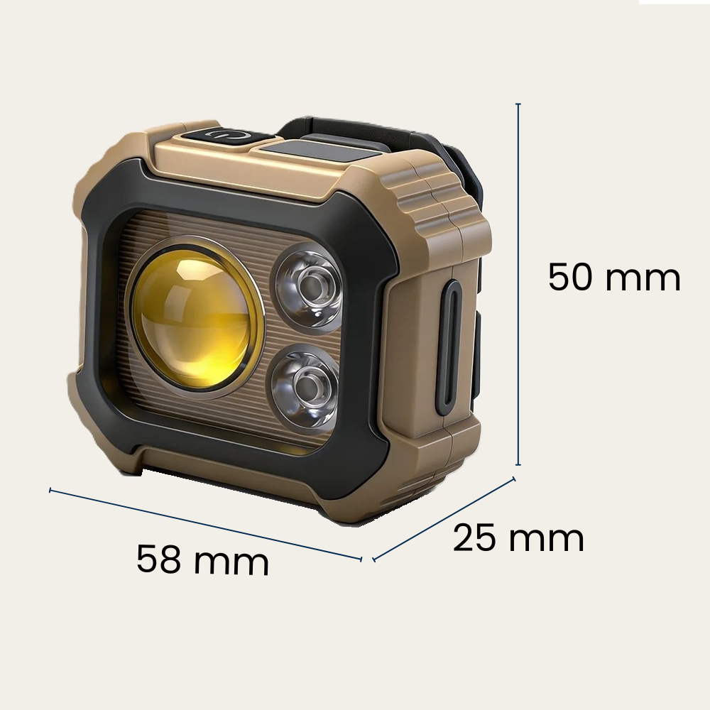 Dimensions de la lampe frontale : 58 mm de large, 50 mm de haut, 25 mm d'épaisseur