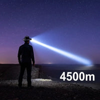 Randonneur de nuit éclairant l'horizon avec une lampe frontale à longue portée
