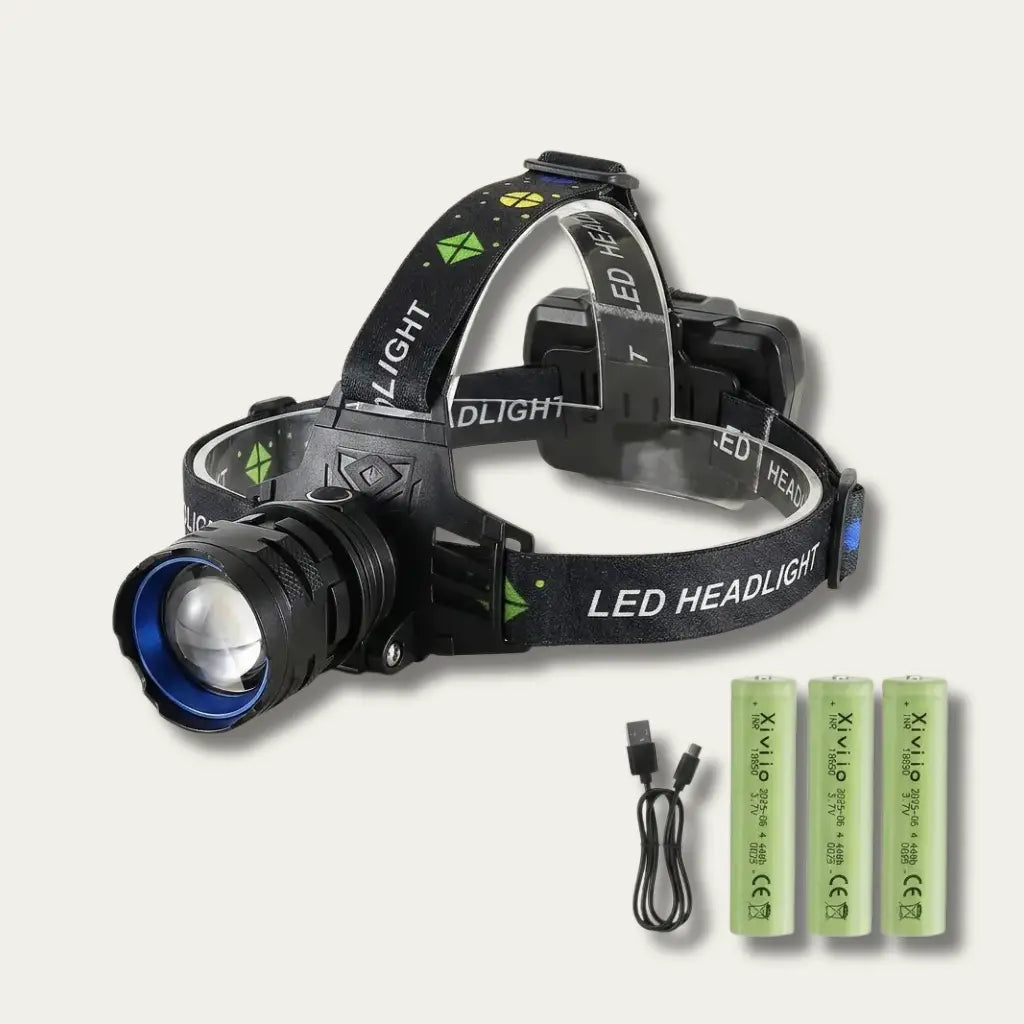 Contenu de la boîte LAMPORA : lampe frontale, trois batteries rechargeables et câble USB