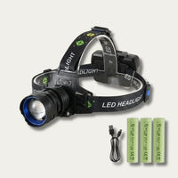 Contenu de la boîte LAMPORA : lampe frontale, trois batteries rechargeables et câble USB