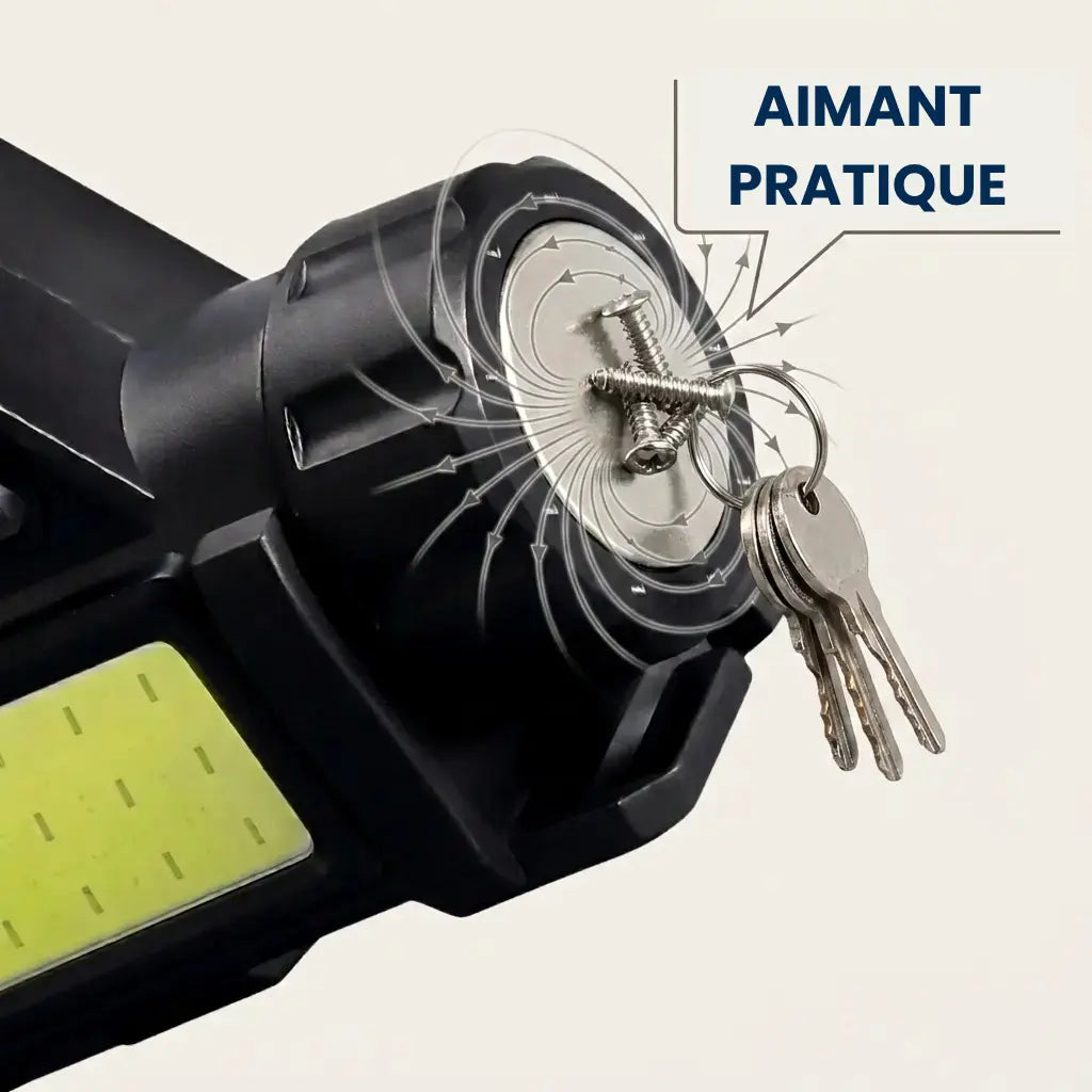 Lampe frontale magnétique dont l'aimant arrière retient des vis et un trousseau de clés Image