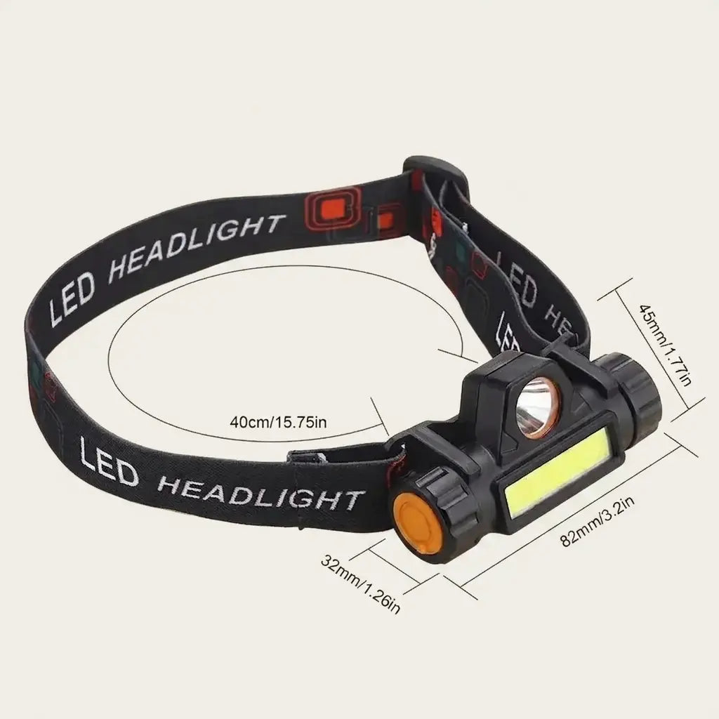 Dimensions de la lampe frontale magnétique : Boîtier 82 x 45 x 32 mm et bandeau de 40 cm