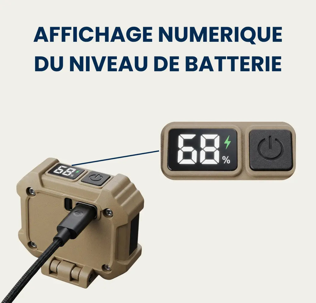 Lampe frontale rechargeable en charge par câble USB-C, avec zoom sur l'écran numérique affichant 68 % de batterie à côté du bouton d'alimentation