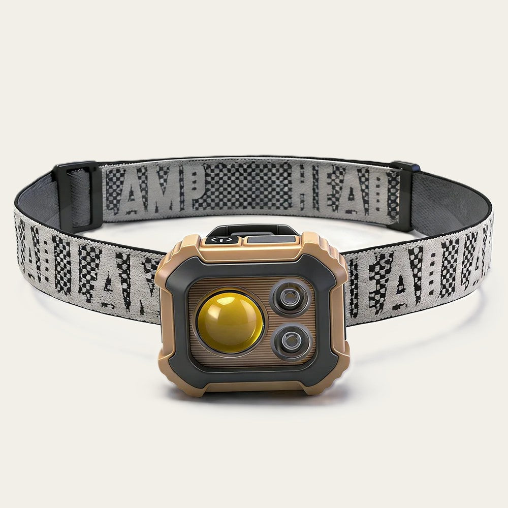 Lampe frontale rechargeable avec boîtier beige et bandeau élastique réglable