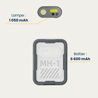 Capacité des batteries : 1 050 mAh pour la lampe frontale, 6 600 mAh pour le boîtier de recharge