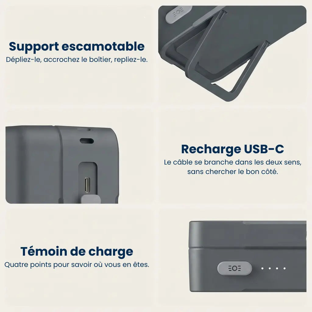 Détails du boîtier de recharge : support escamotable, port USB-C et témoin de charge à quatre points