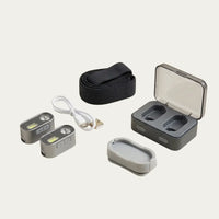 Contenu du pack : deux lampes frontales rechargeables, boîtier de recharge, bandeau, support et câble USB
