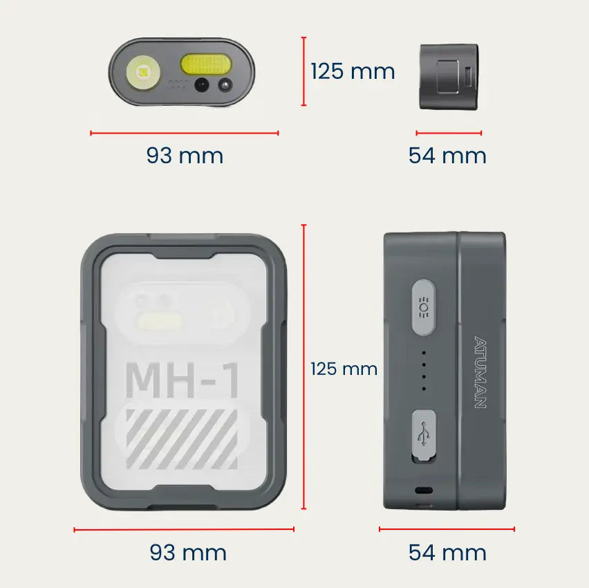 Dimensions de la lampe frontale et du boîtier de recharge en millimètres