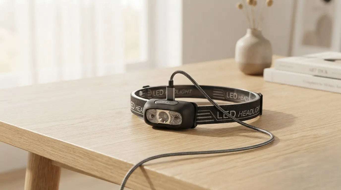 Lampe frontale LED rechargeable en charge via câble USB posée sur une table en bois Image