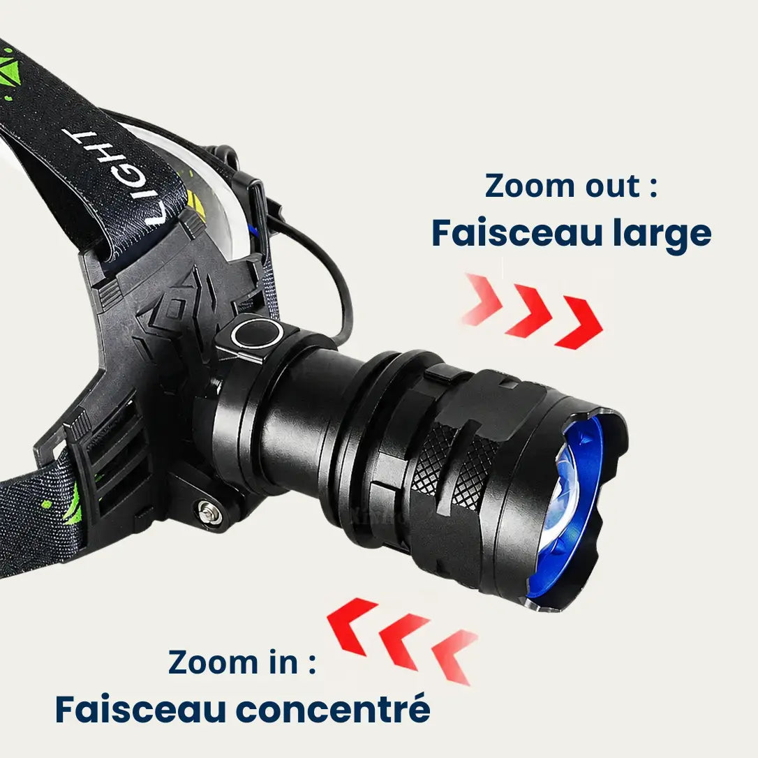 Lampe frontale LAMPORA à faisceau réglable : la tête pivote pour élargir ou resserrer le faisceau Image