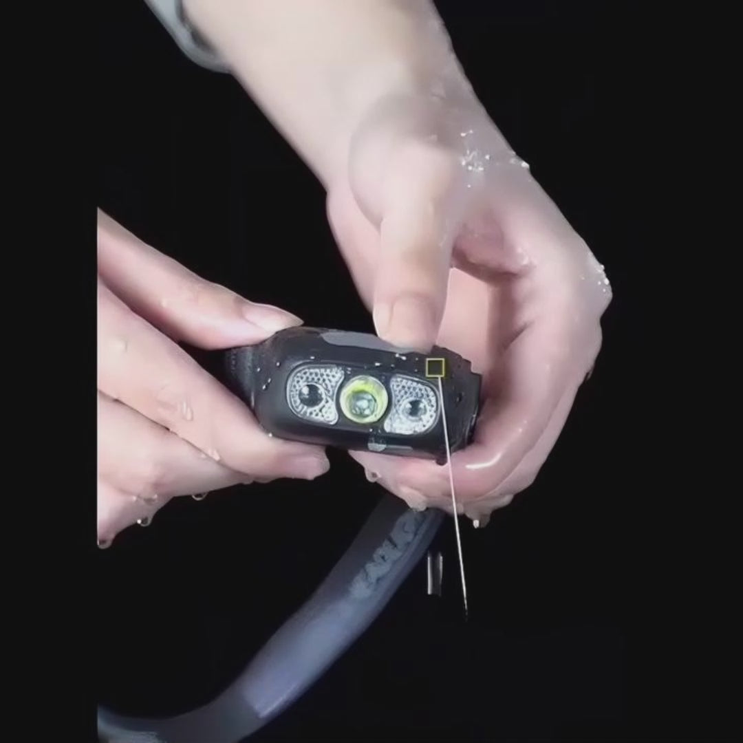 Lampe frontale à détecteur de mouvement présentée en main, rangée en poche et testée en conditions réelles